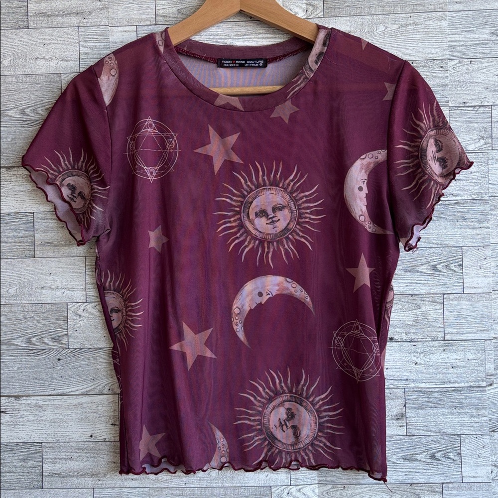 Sheer Celestial Mesh Crop Top ✦ Sun Moon Star Print ✦ Stretch burgundy Medium